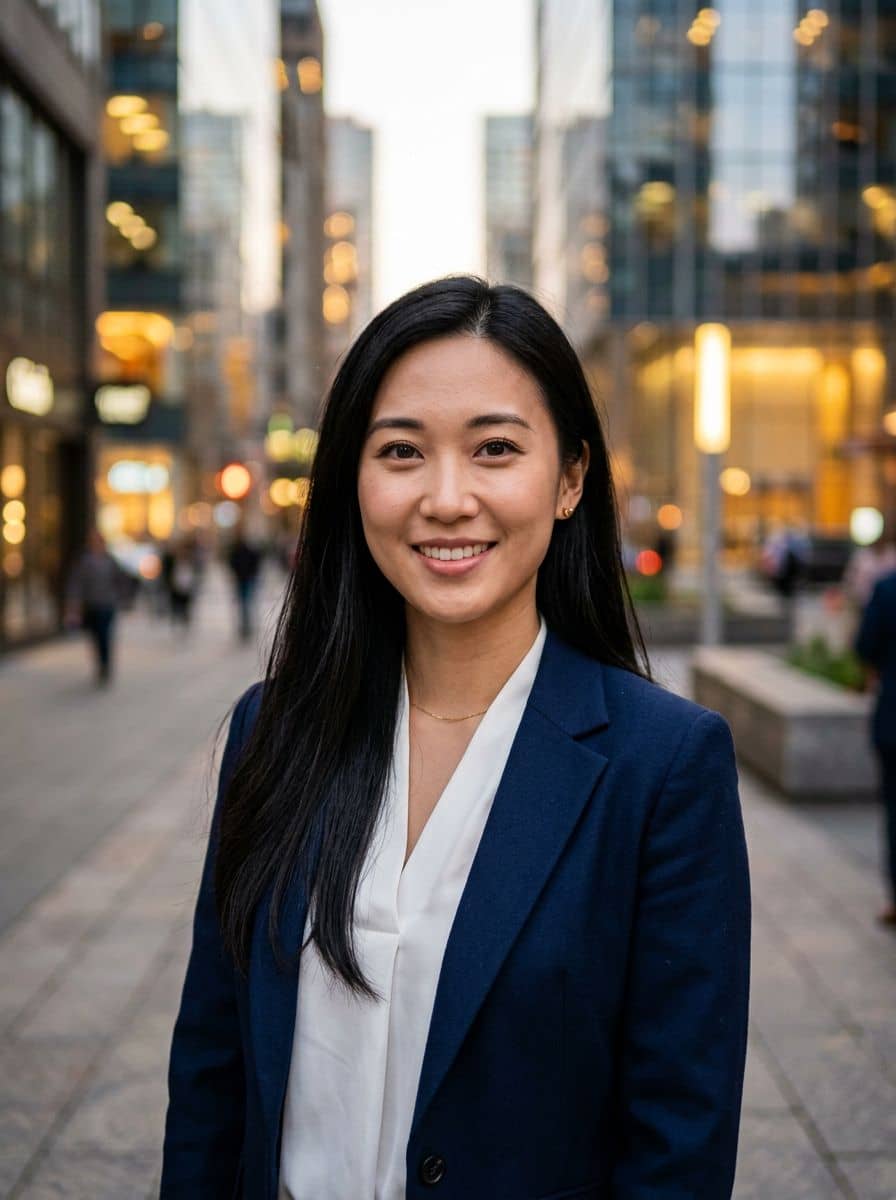Navy Blazer Blouse - City Bokeh - woman business headshot