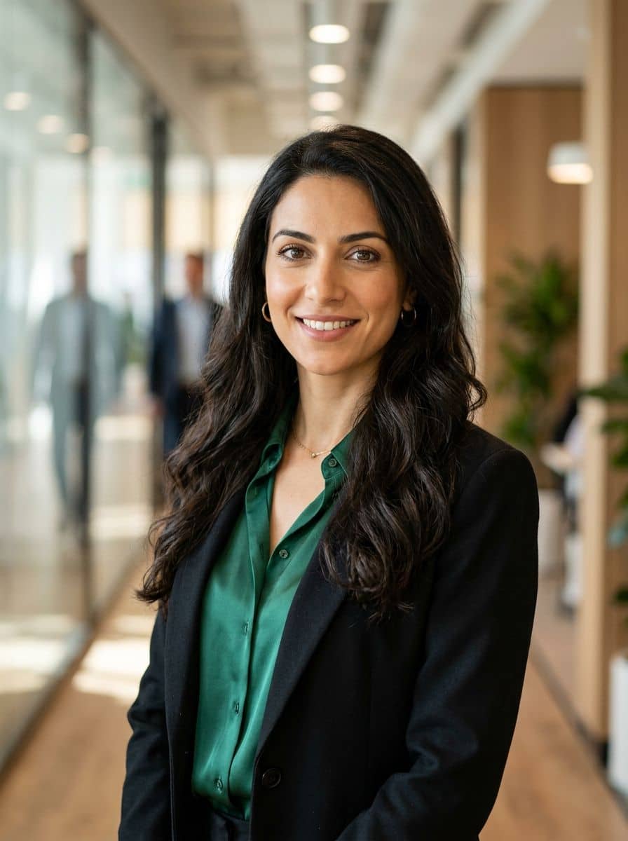 Emerald Blouse Blazer - Office Hallway - woman business headshot