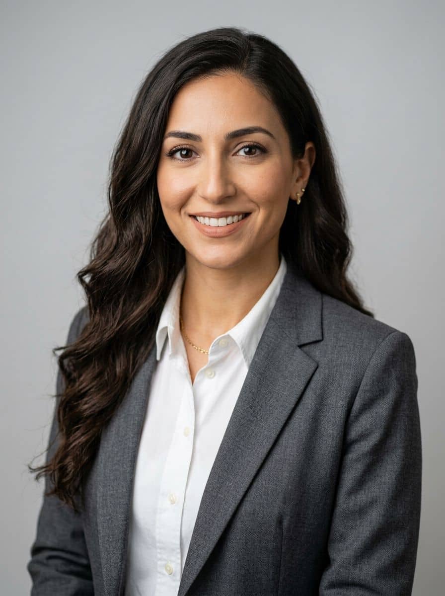 Charcoal Suit - Studio Light Gray - woman business headshot