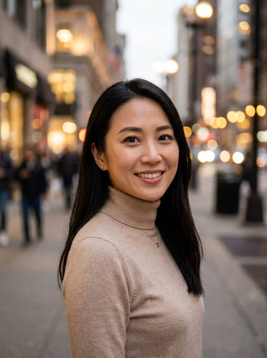 Beige Turtleneck - City Bokeh - woman business headshot