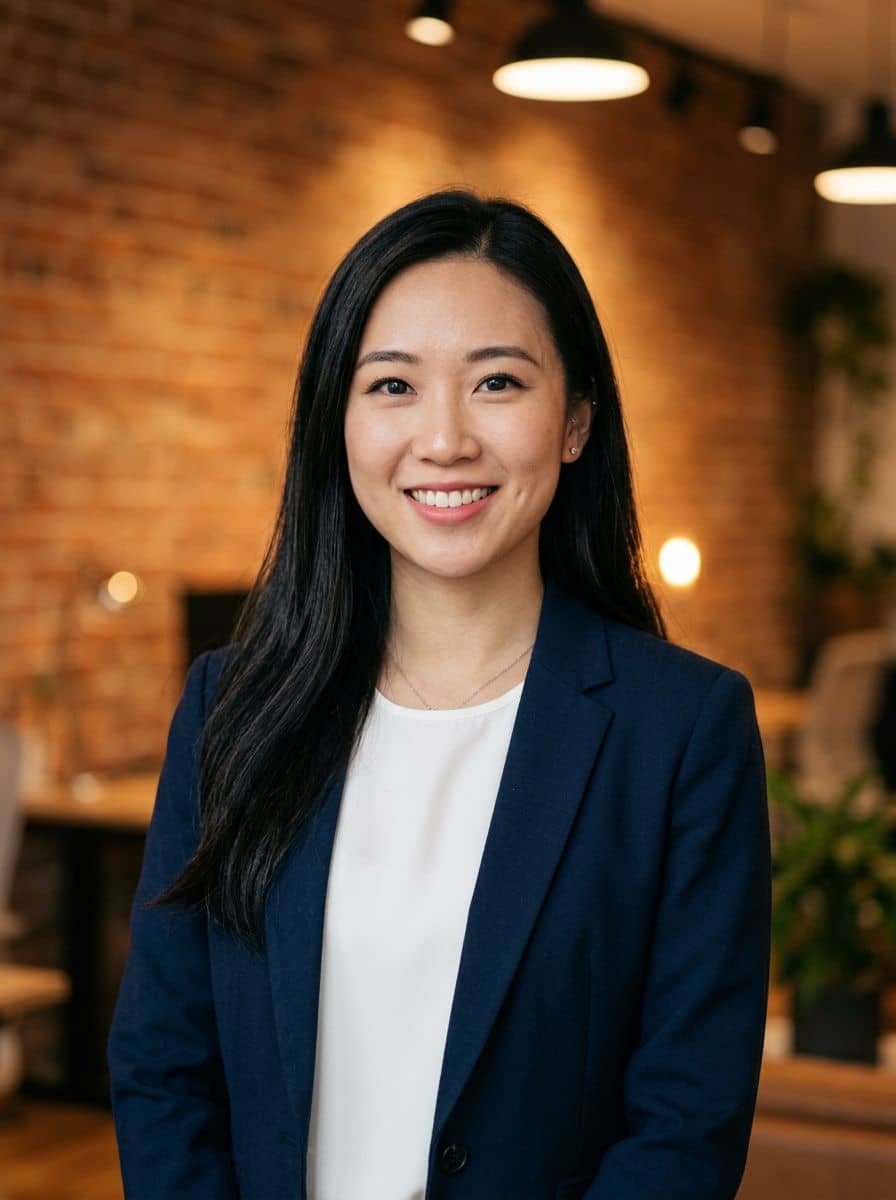 Navy Blazer Blouse - Brick Wall - woman business headshot