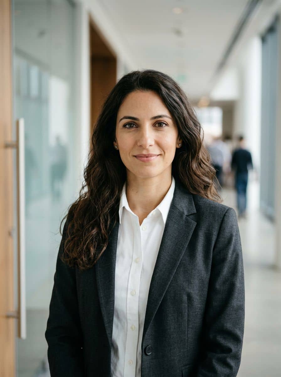 Charcoal Suit - Office Hallway - woman business headshot