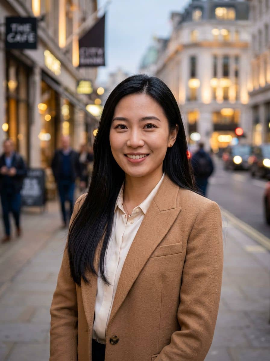 Camel Blazer Cream - City Bokeh - woman business headshot