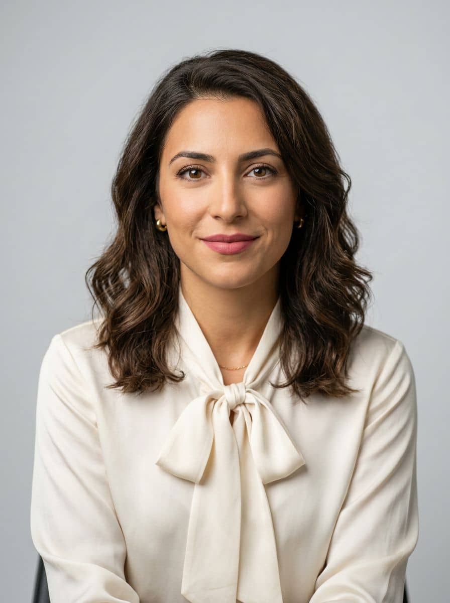 Cream Blouse Bow - Studio Bright Grey - woman business headshot