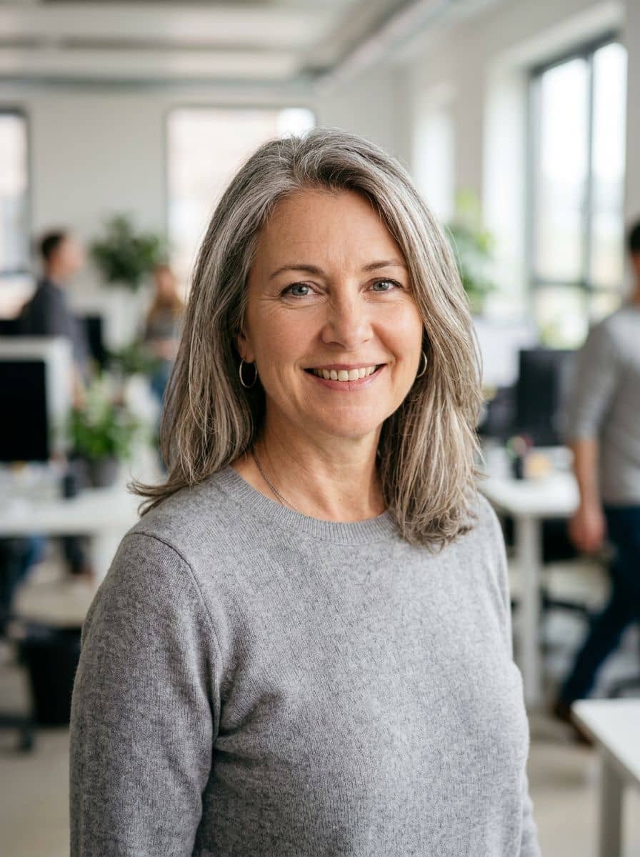 Dove Gray Knit - Open Plan Office - woman business headshot