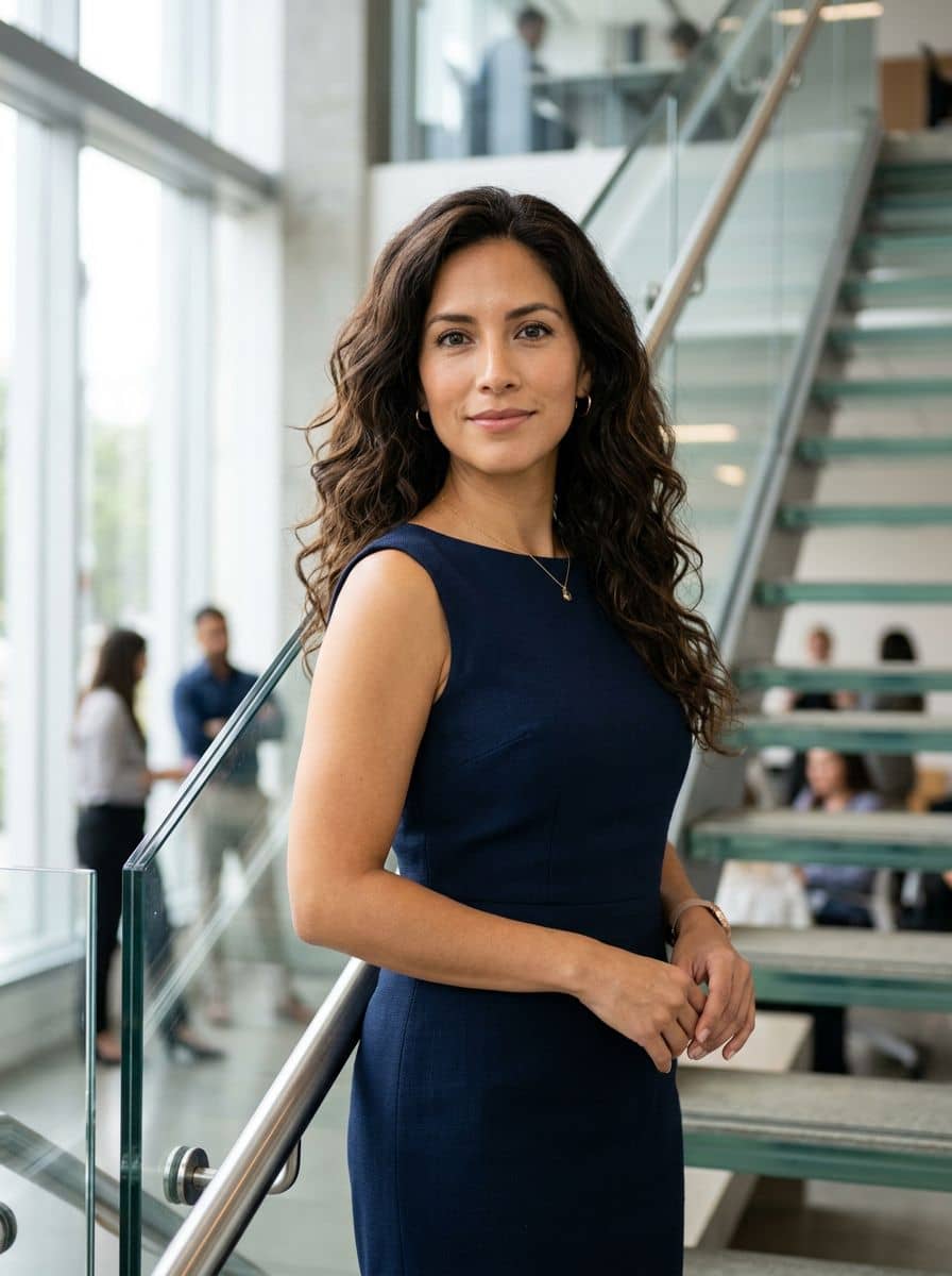 Navy Shift Dress - Glass Stairwell - woman business headshot