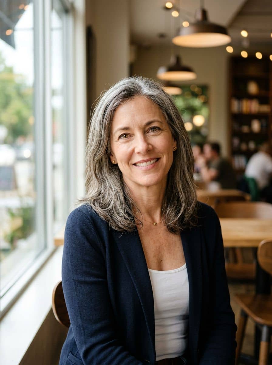 Navy Knit Blazer - Cafe Window - woman business headshot
