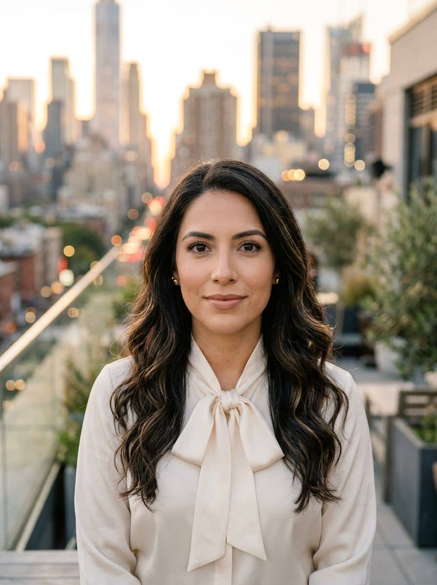 Cream Blouse Bow - Outdoor Terrace - woman business headshot