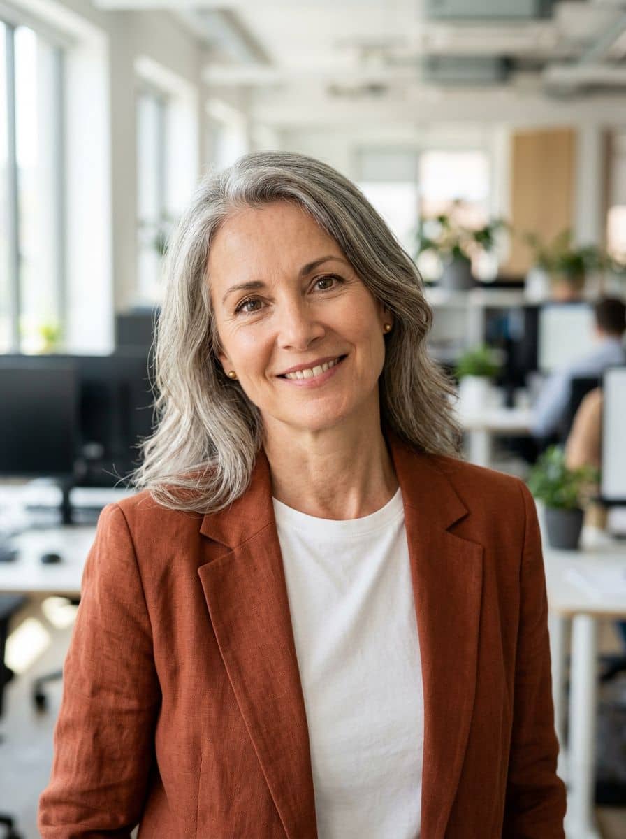 Rust Blazer White - Open Plan Office - woman business headshot