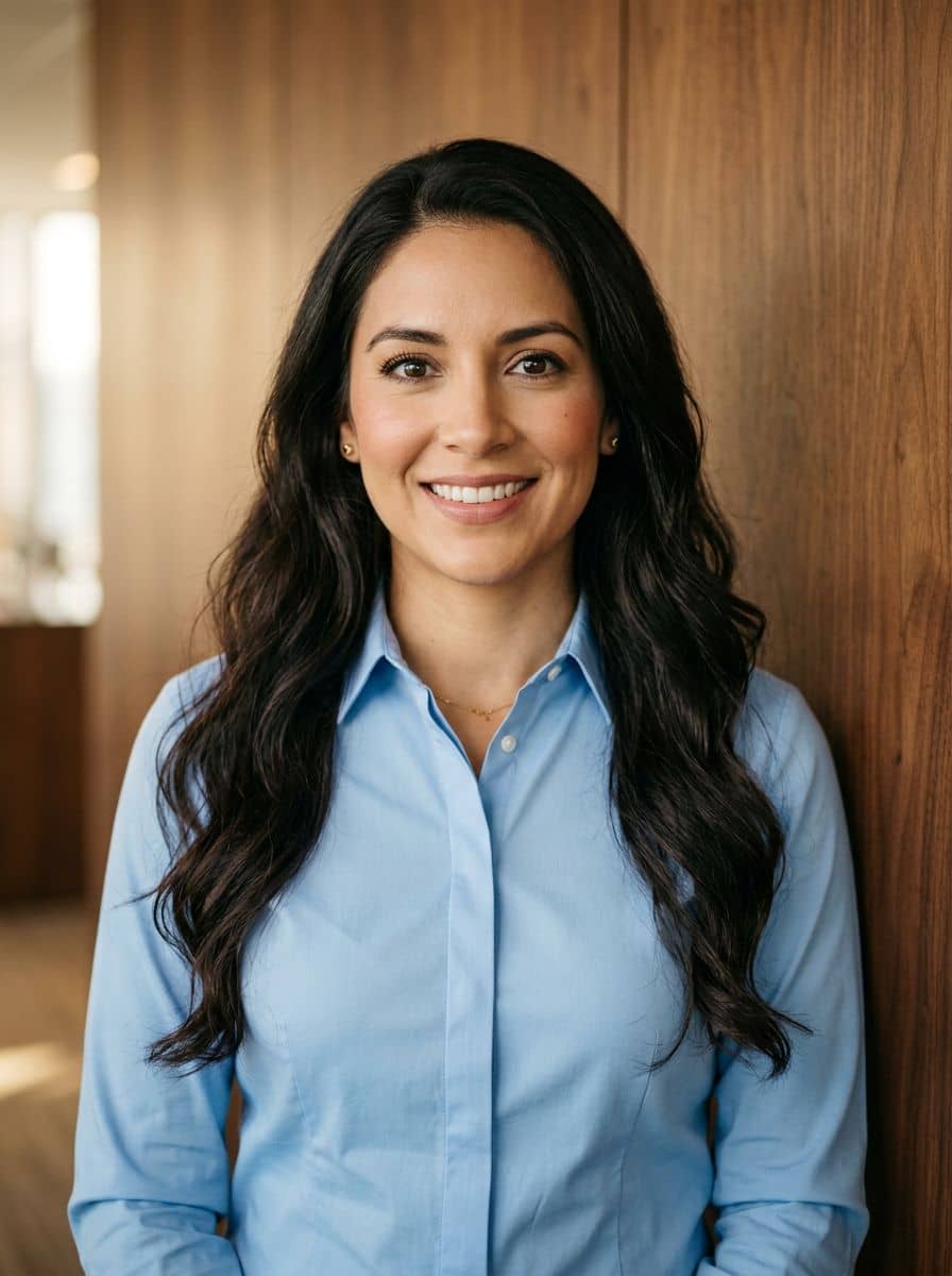 Powder Blue Shirt - Wood Paneled Wall - woman business headshot