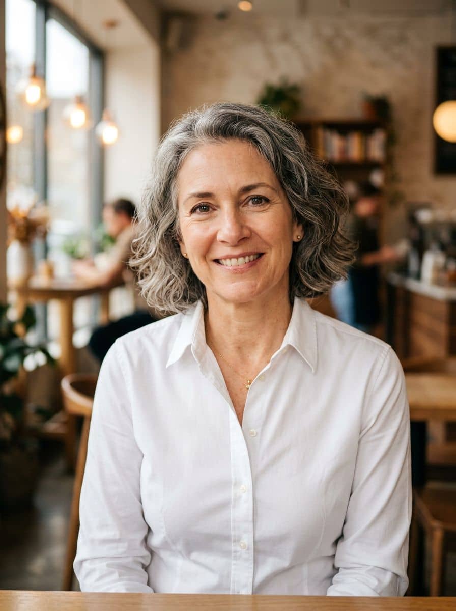 White Button Down - Cafe Window - woman business headshot