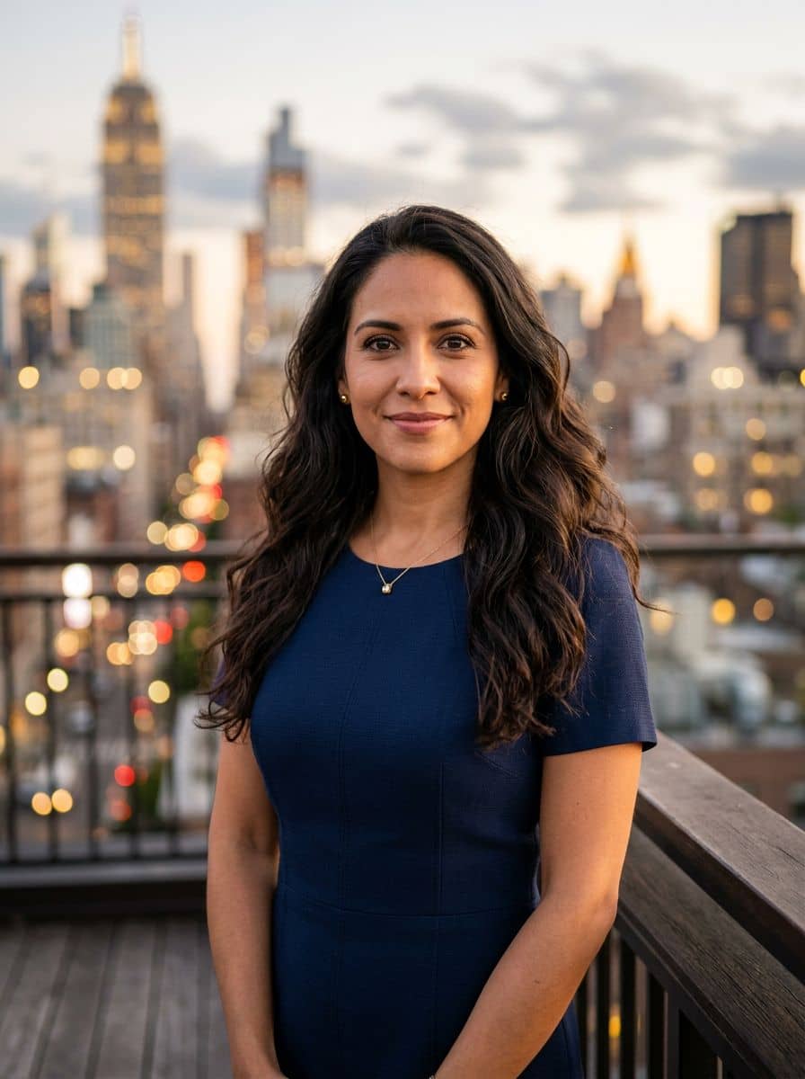 Navy Shift Dress - Outdoor Terrace - woman business headshot