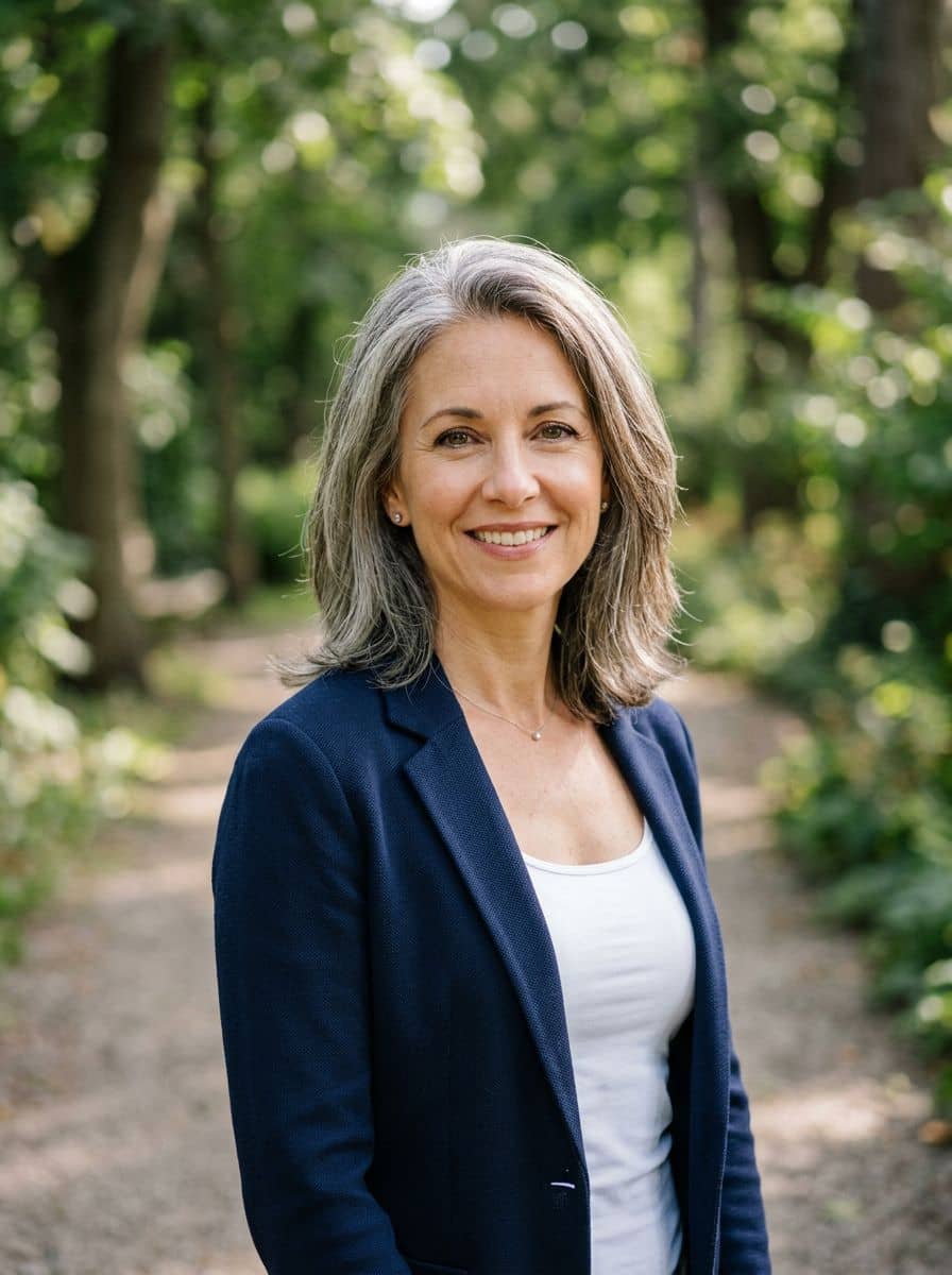 Navy Knit Blazer - Park Path - woman business headshot