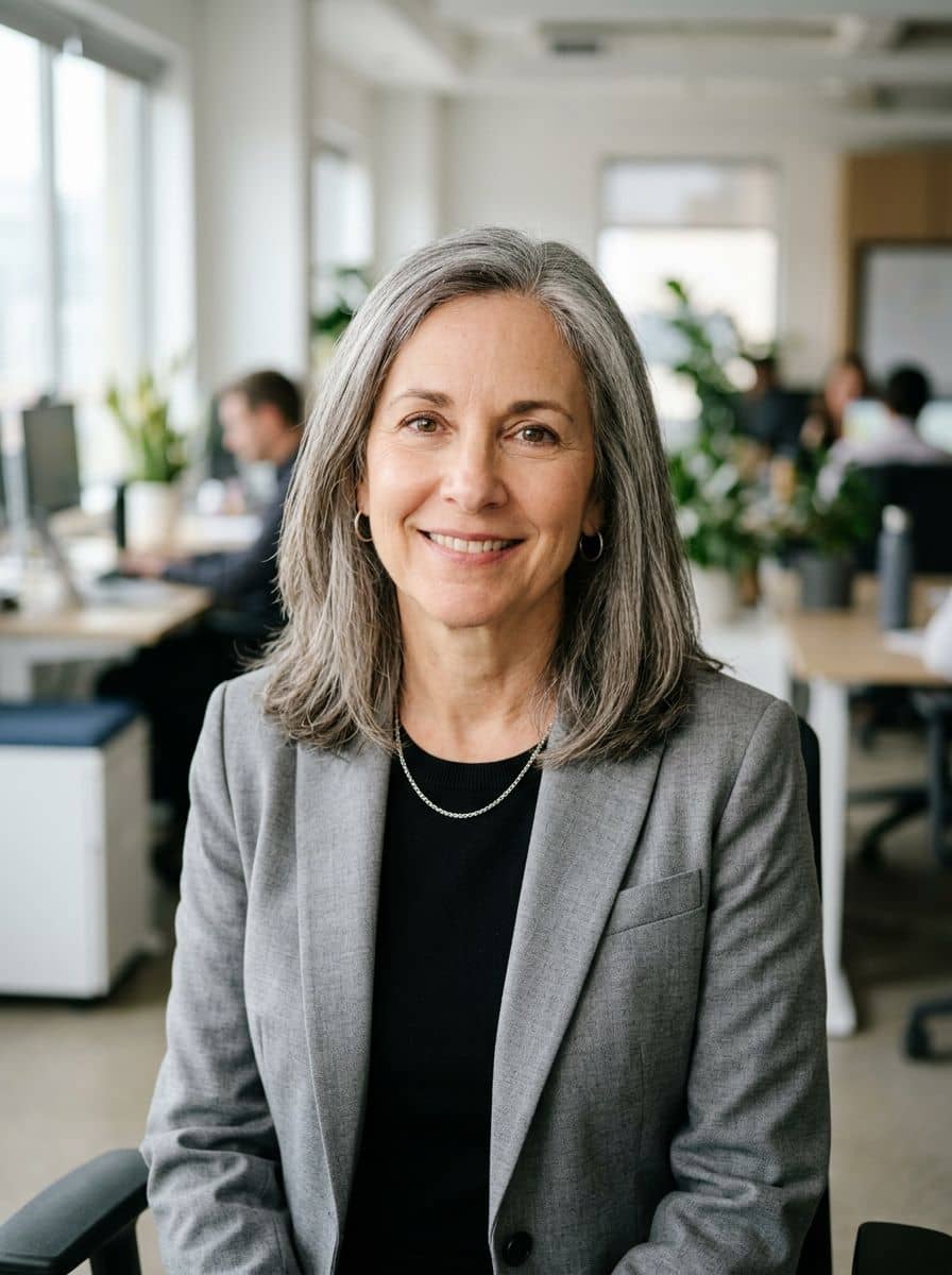 Gray Suit Shell - Open Plan Office - woman business headshot