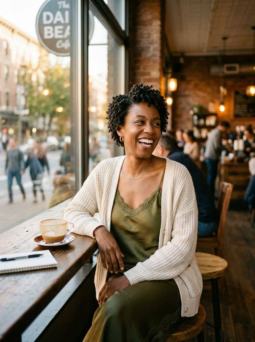 Olive Silk Cami - Coffee Window - woman dating profile photo
