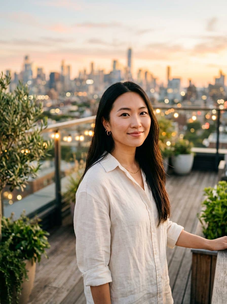 Cream Linen Shirt - Rooftop Golden - woman dating profile photo