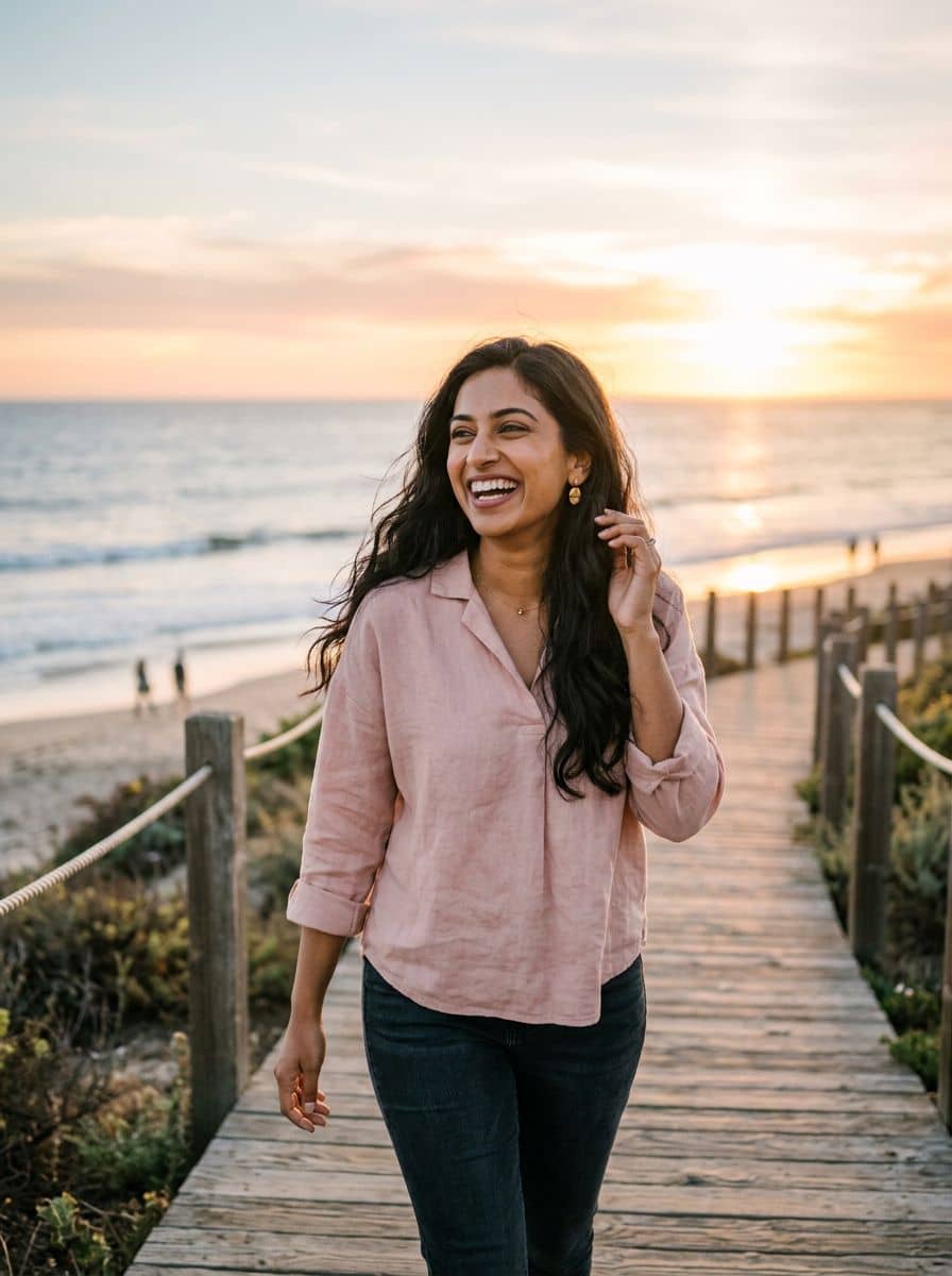 Soft Pink Blouse - Beach Boardwalk - woman dating profile photo