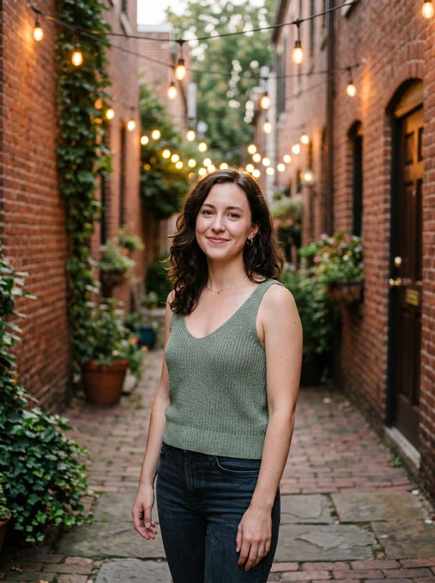 Sage Knit Tank - Brick String Light - woman dating profile photo