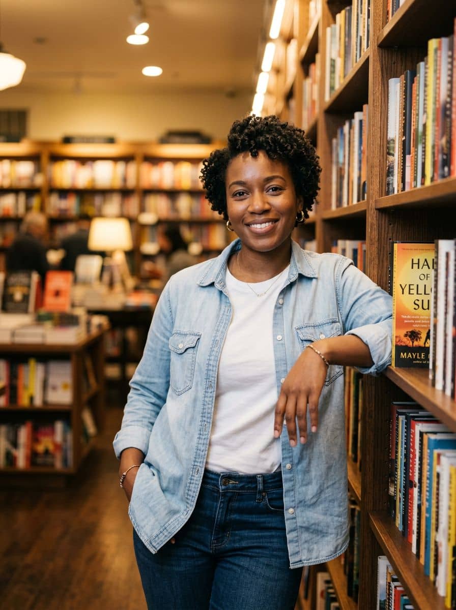 Denim Shirt Tee - Bookstore Warm - woman dating profile photo