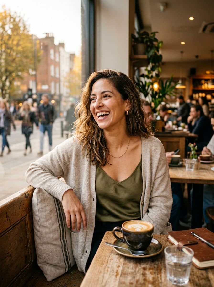 Olive Silk Cami - Coffee Window - woman dating profile photo