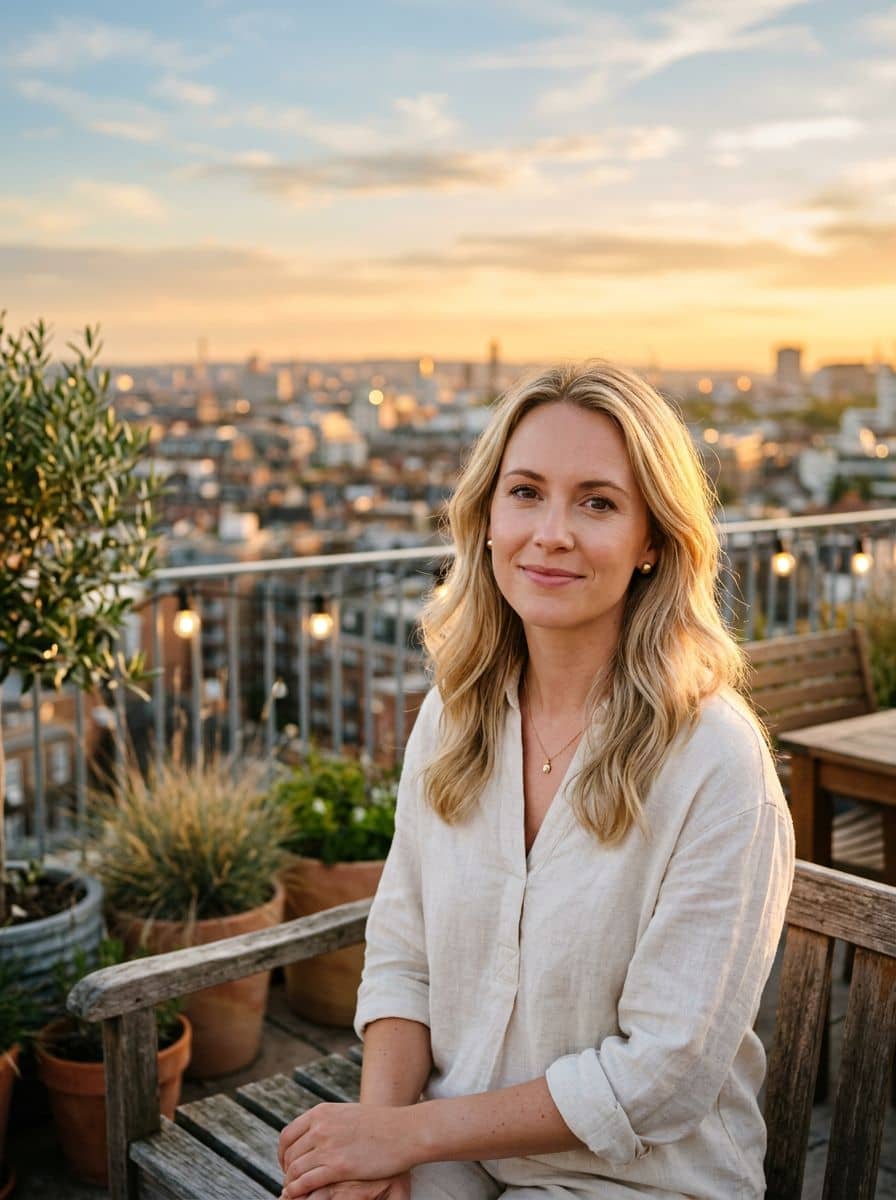 Cream Linen Shirt - Rooftop Golden - woman dating profile photo