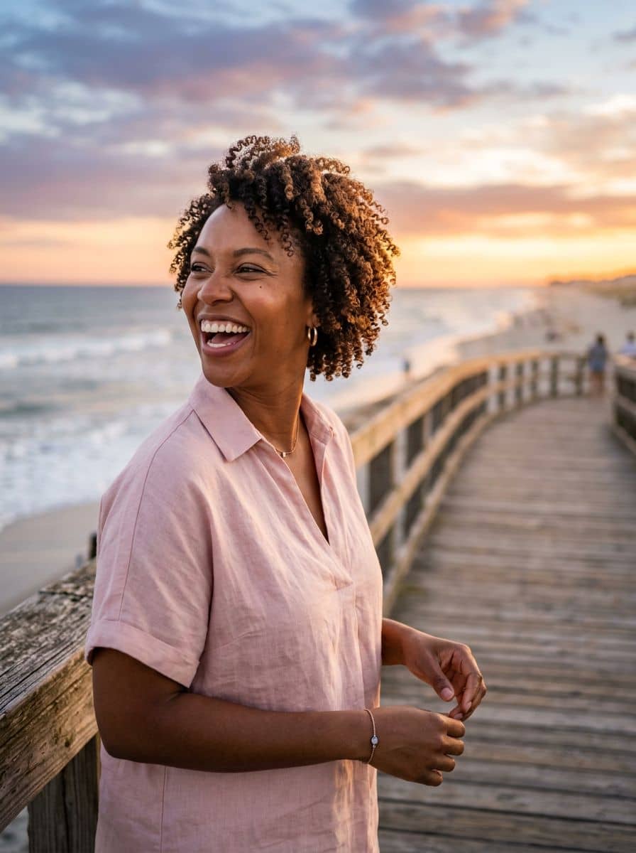 Soft Pink Blouse - Beach Boardwalk - woman dating profile photo