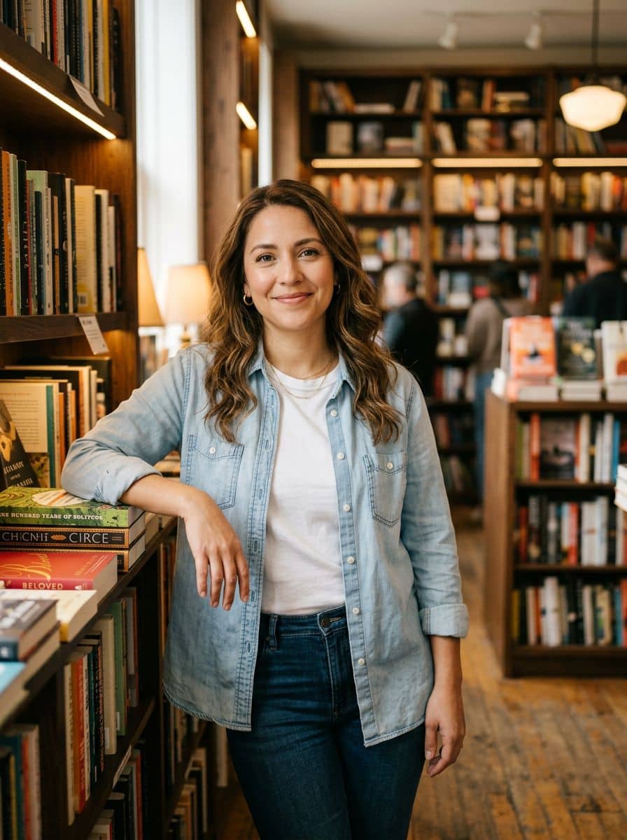 Denim Shirt Tee - Bookstore Warm - woman dating profile photo