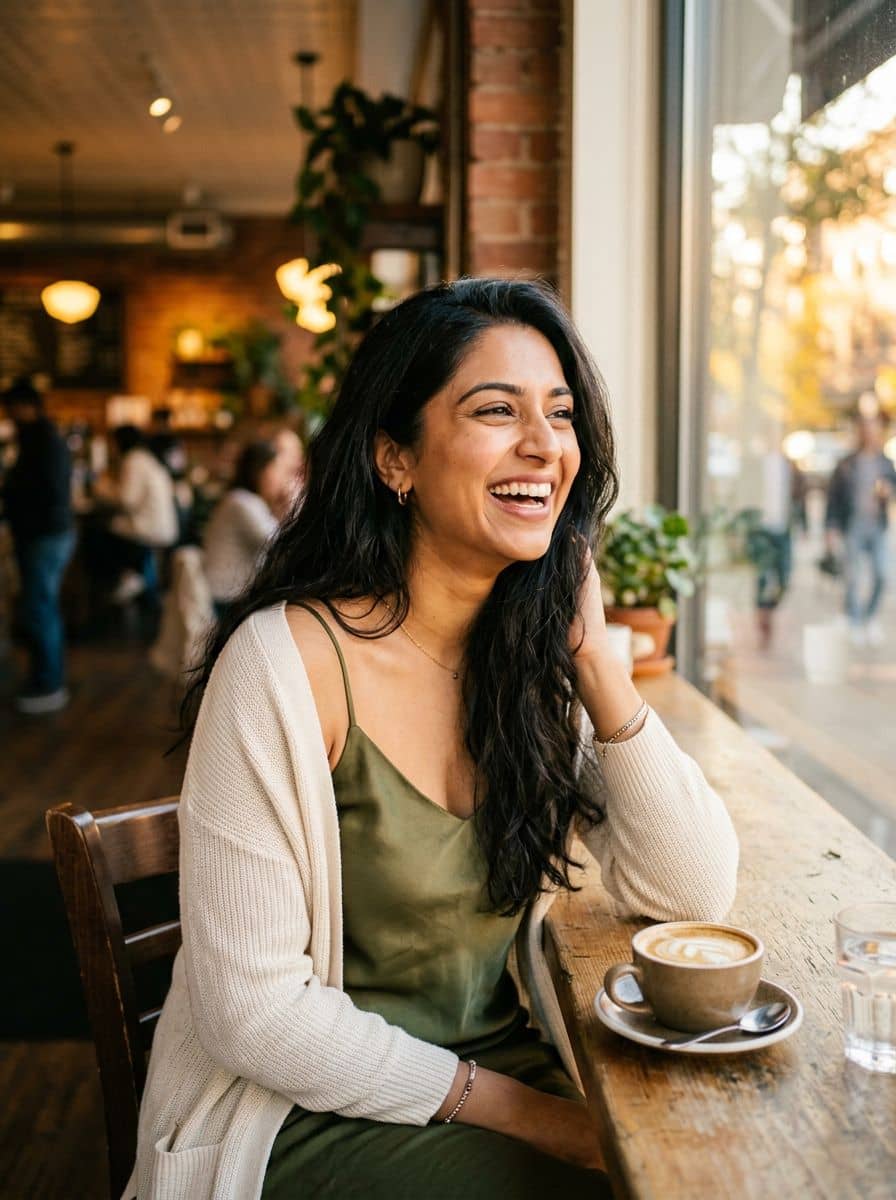 Olive Silk Cami - Coffee Window - woman dating profile photo