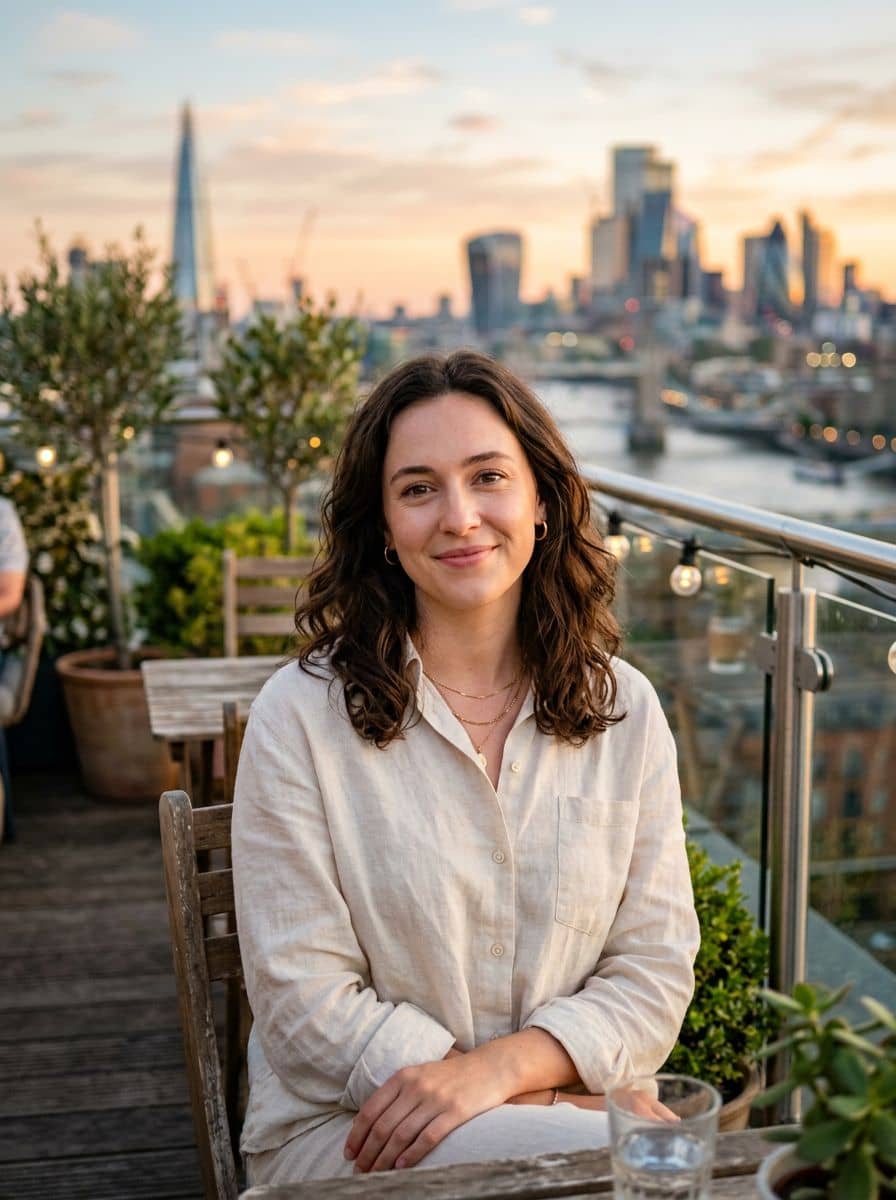 Cream Linen Shirt - Rooftop Golden - woman dating profile photo