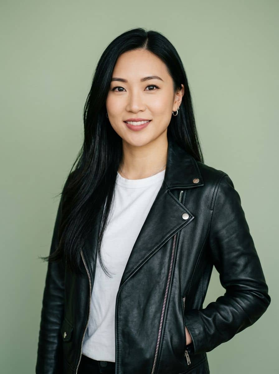 Leather Jacket - Sage Pastel - woman social media portrait