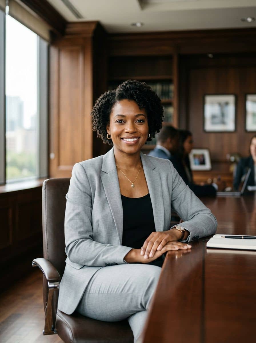 Grey Suit Shell - Wood Boardroom - woman business headshot