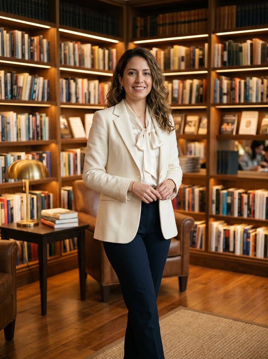 Cream Blazer Bow - Library Corner - woman business headshot