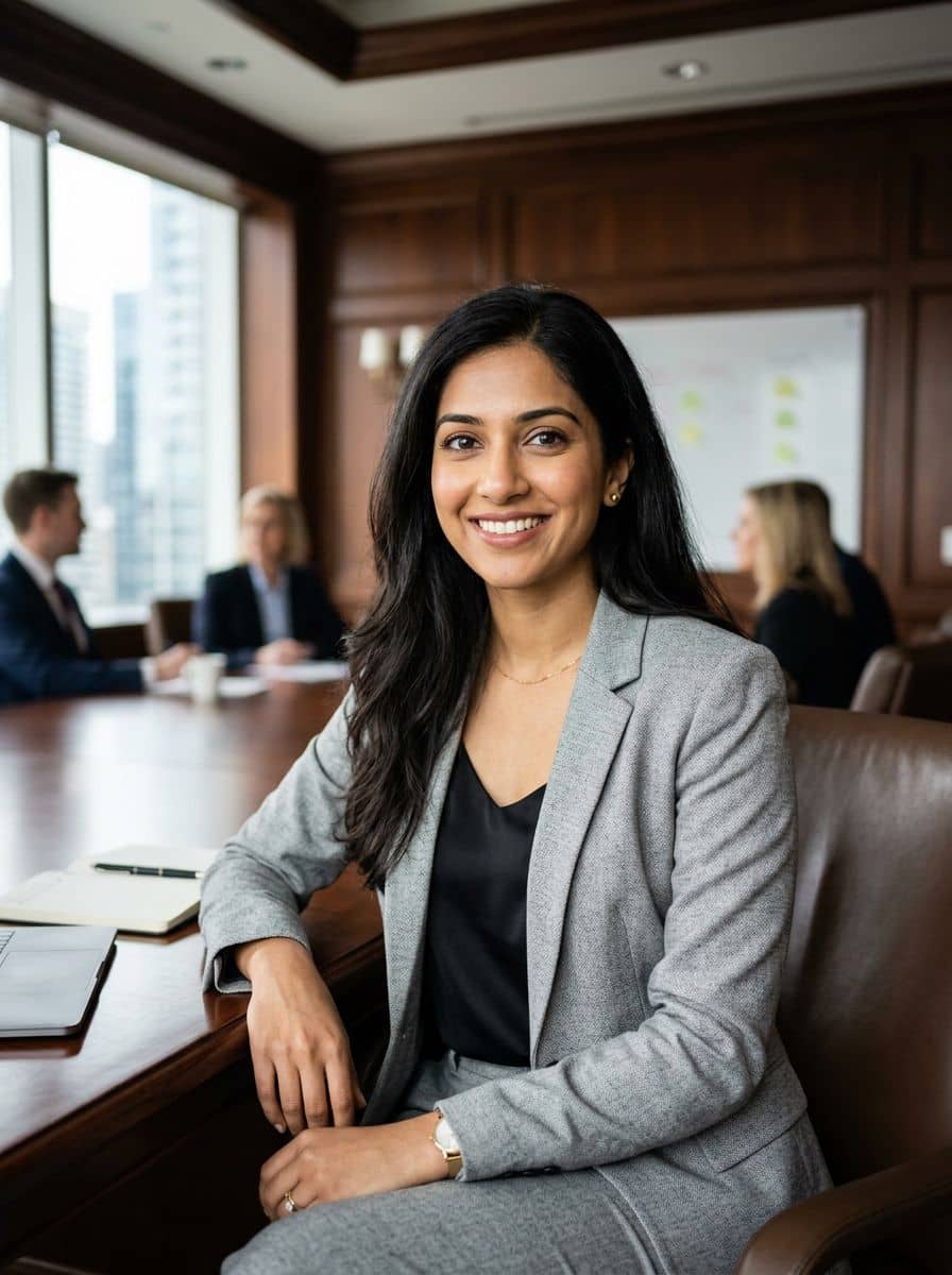Grey Suit Shell - Wood Boardroom - woman business headshot