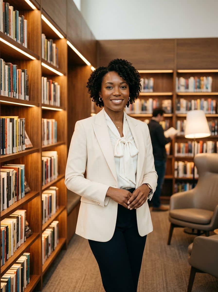 Cream Blazer Bow - Library Corner - woman business headshot