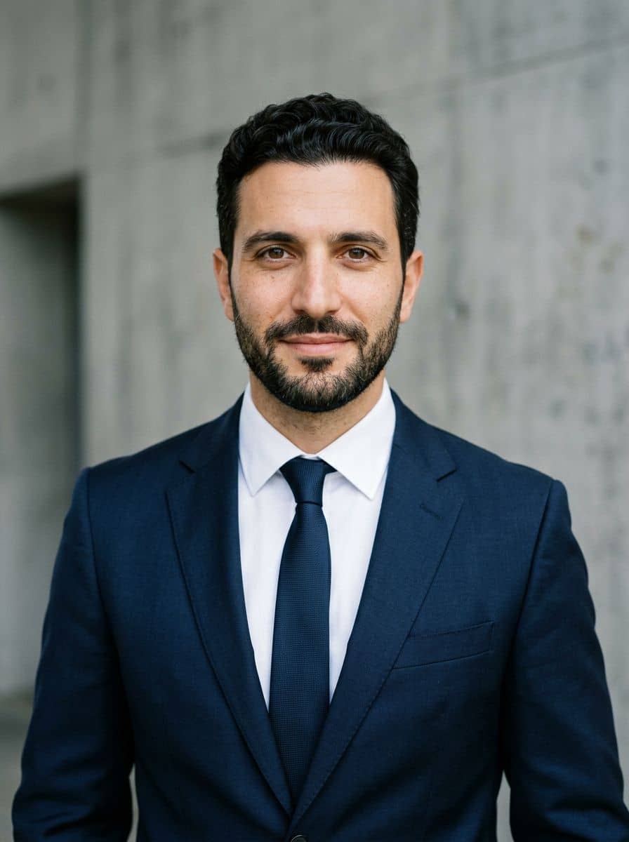 Navy Suit Tie - Concrete Wall - man business headshot
