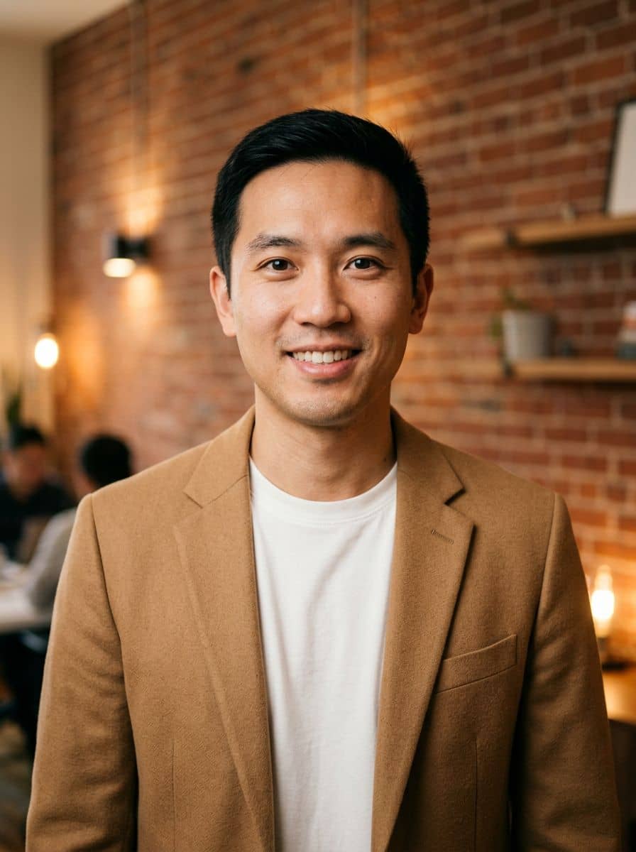Camel Blazer Tee - Brick Wall - man business headshot