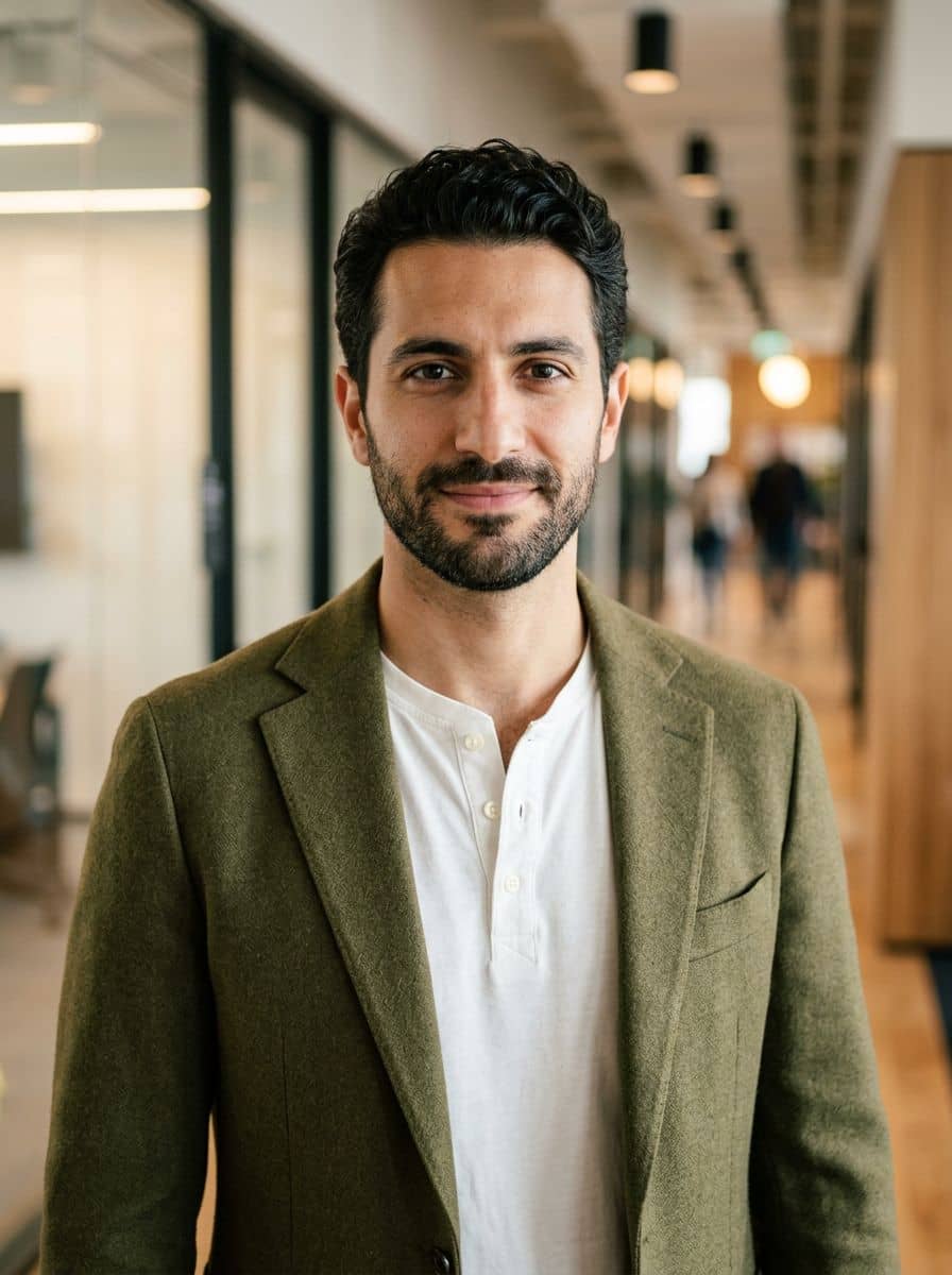 Olive Blazer Henley - Office Hallway - man business headshot