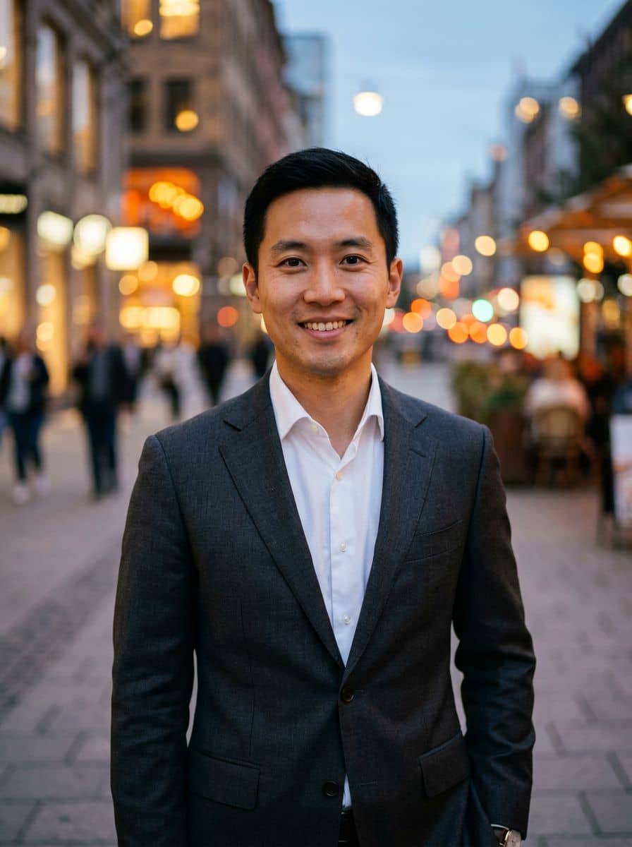 Dark Gray Suit - City Bokeh - man business headshot