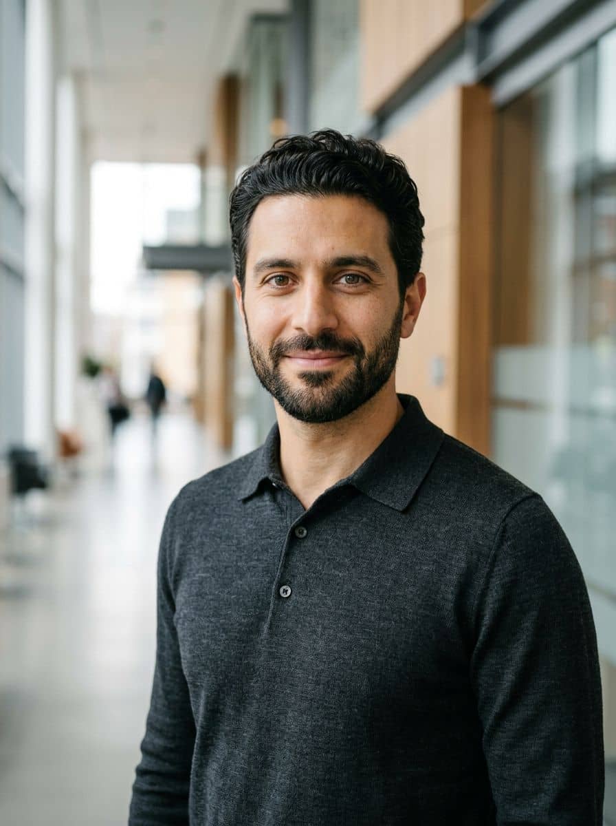Charcoal Knit Polo - Office Hallway - man business headshot