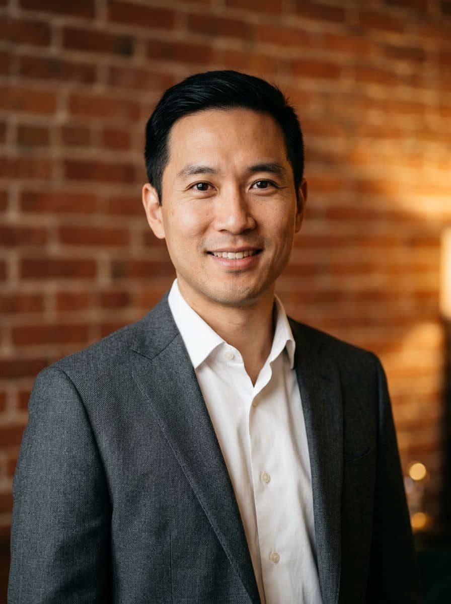Dark Gray Suit - Brick Wall - man business headshot