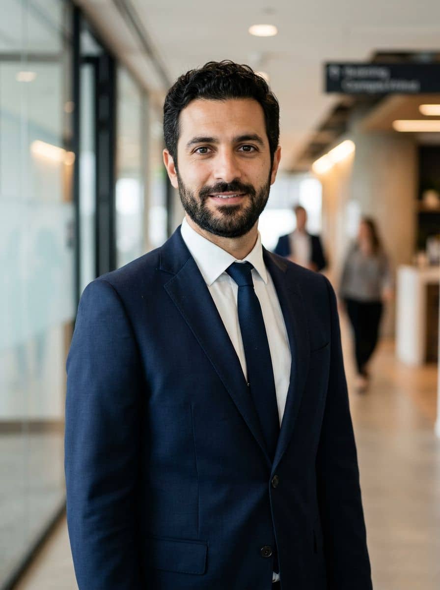 Navy Suit Tie - Office Hallway - man business headshot