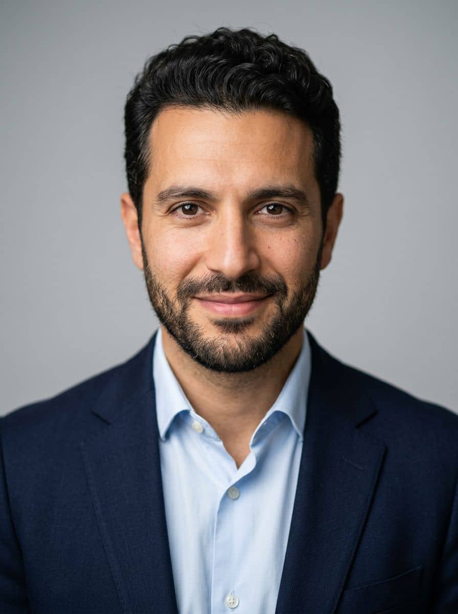 Navy Blazer Blue - Studio Light Gray - man business headshot