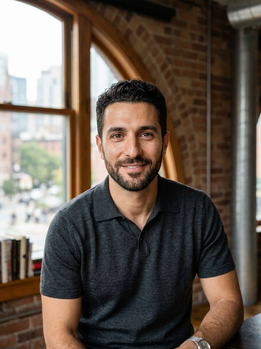 Charcoal Knit Polo - Loft Arched - man business headshot