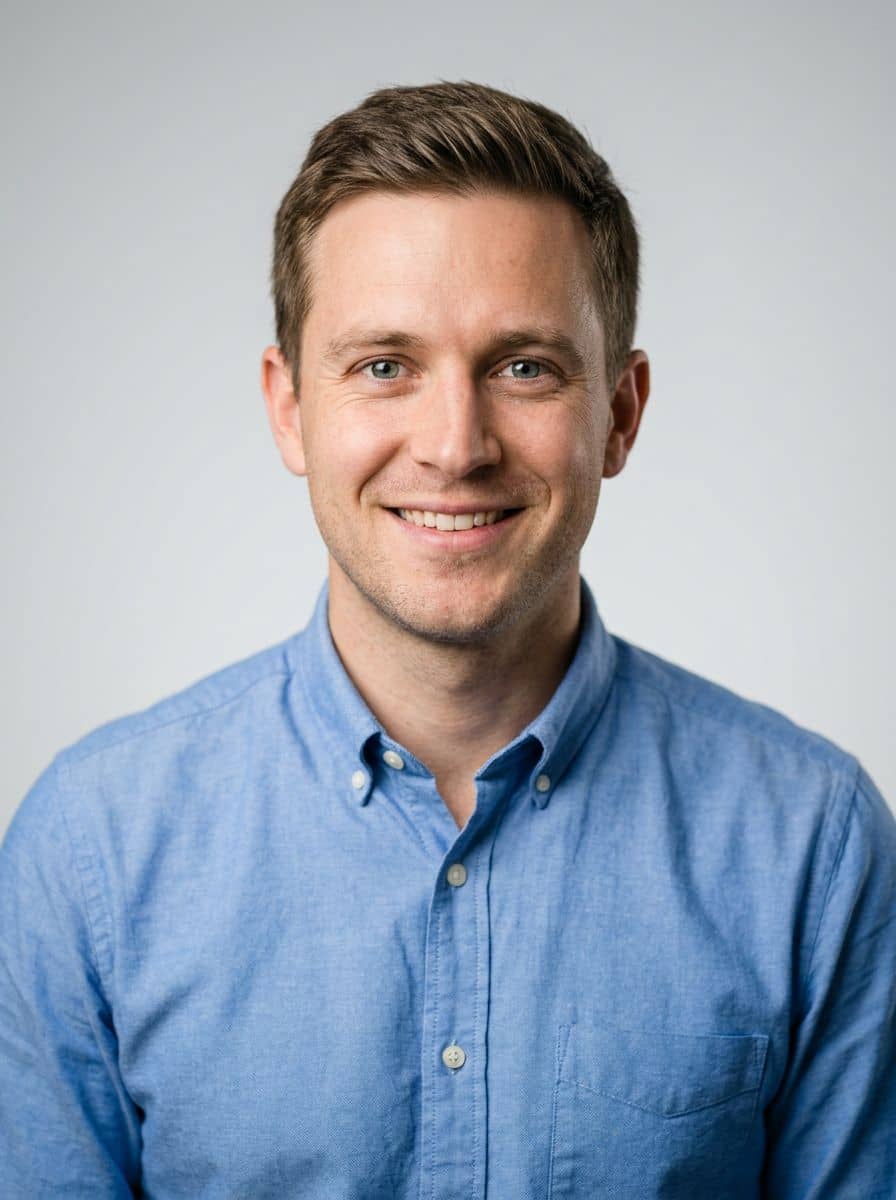 Oxford Blue Shirt - Studio Bright Grey - man business headshot