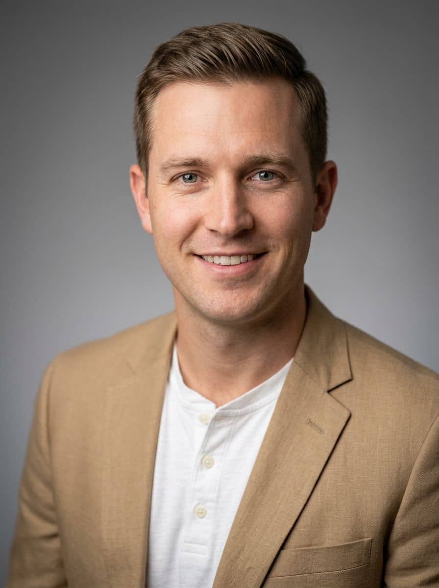 Tan Blazer White - Studio Mid Grey - man business headshot