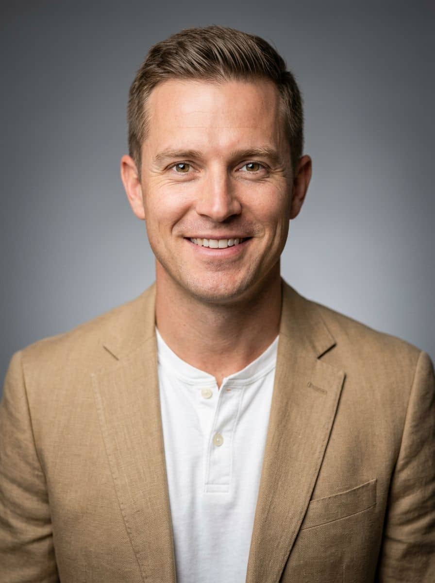 Tan Blazer White - Studio Mid Grey - man business headshot