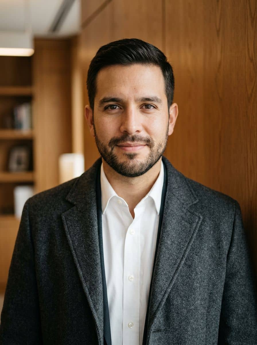 Gray Wool Coat - Wood Paneled Wall - man business headshot