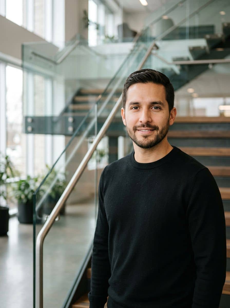 Black Knit Crew - Glass Stairwell - man business headshot