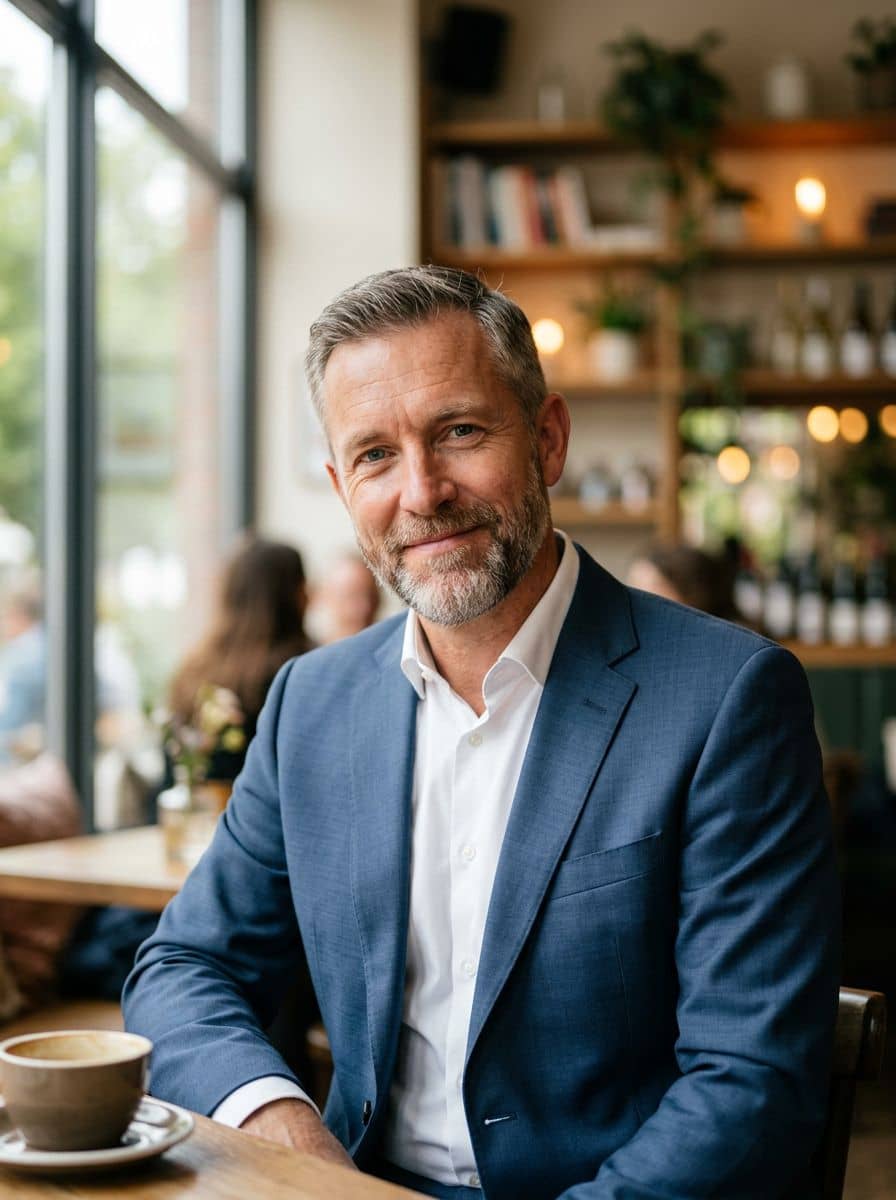Mid Blue Suit - Cafe Window - man business headshot