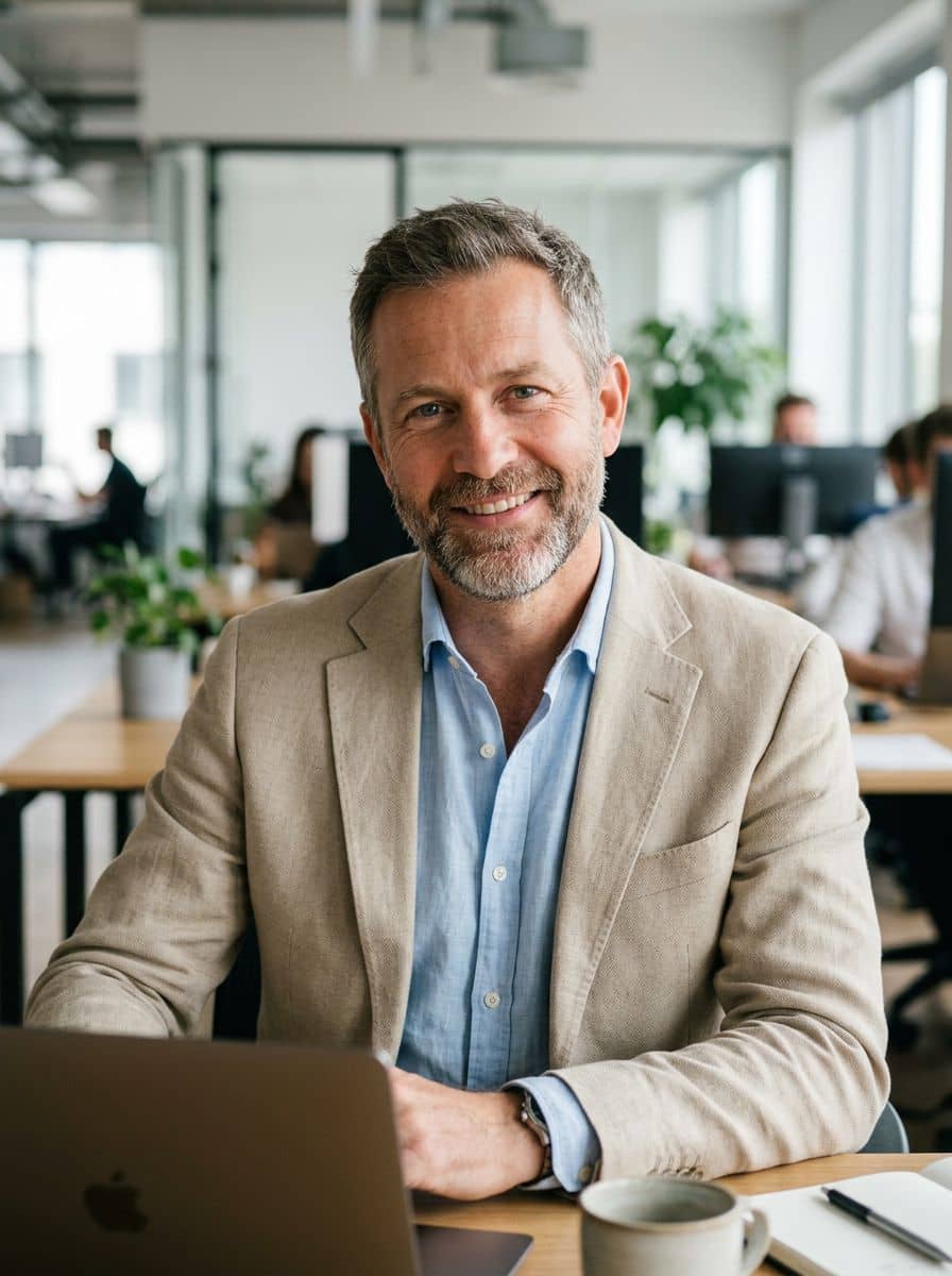 Beige Blazer Shirt - Open Plan Office - man business headshot